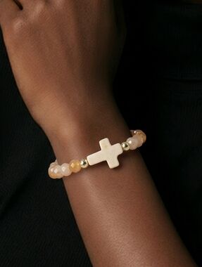 Earthy Luxe Quartz Look Cross Beaded Bracelet Neutral Tones Stretch Boho Chic